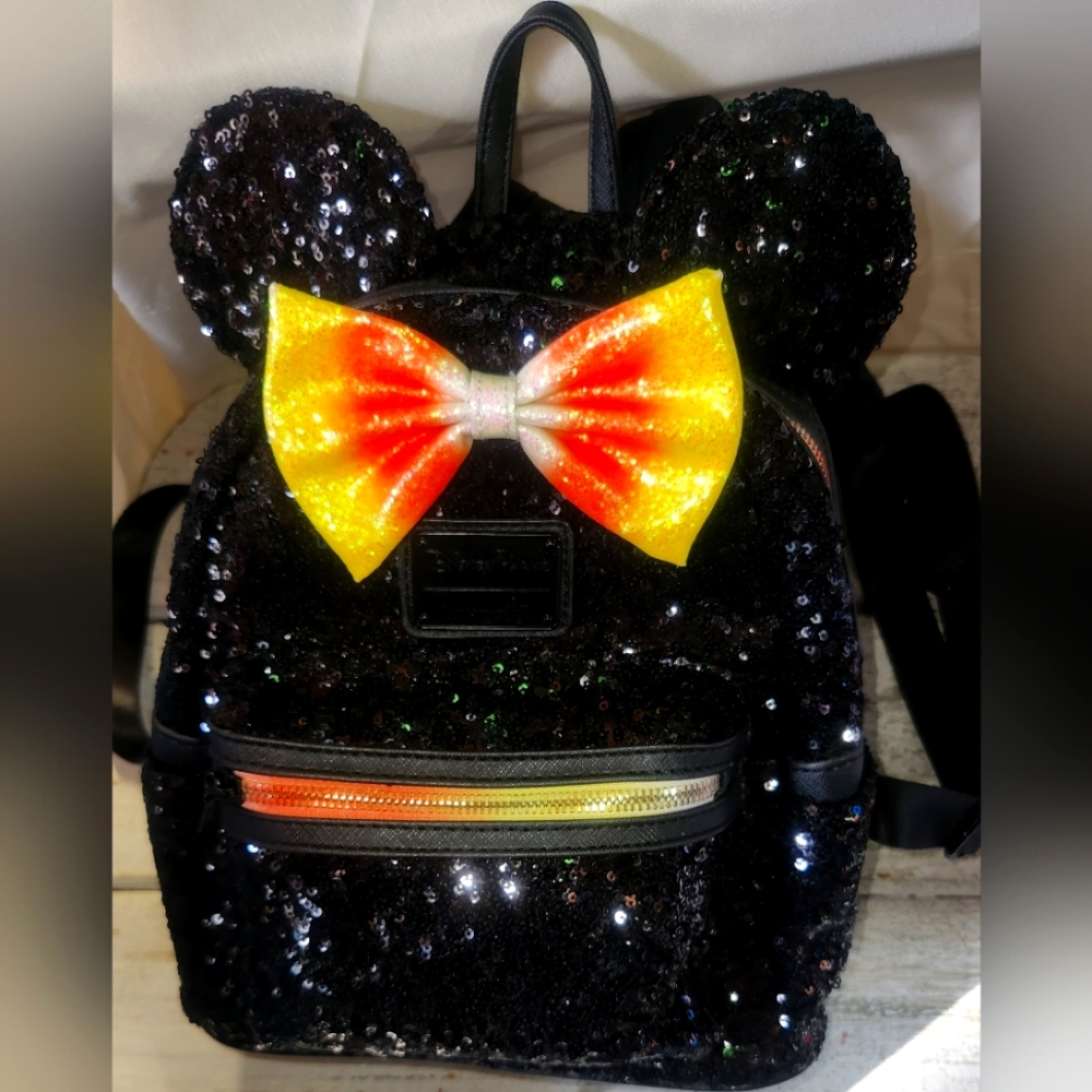 Disney Parks Loungefly Minnie Mouse Halloween Black Sequin Candy Corn Backpack